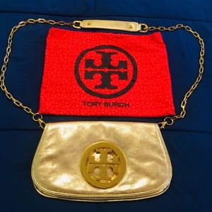 Tory Burch metallic gold crossbody clutch